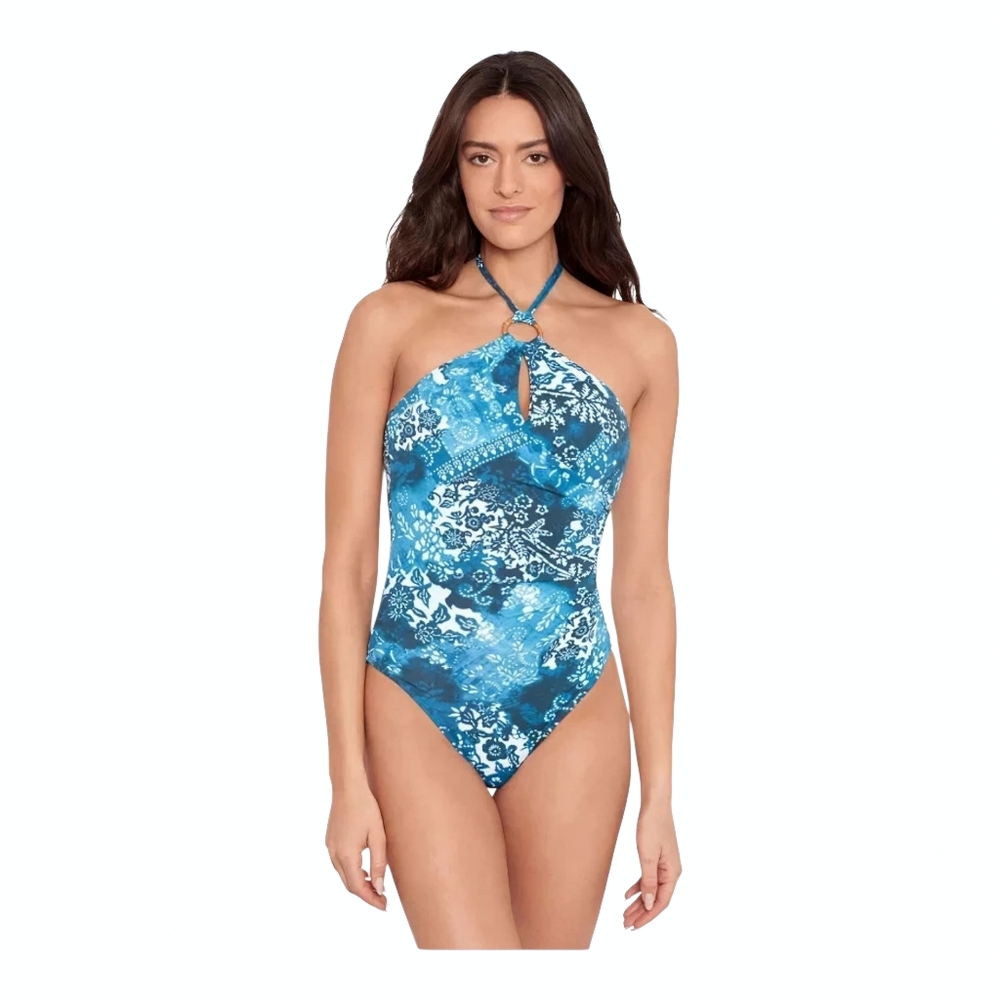 Lauren Ralph Lauren Indigo Patchwork Ring One-Piece Swimsuit Size‎ 4 Halter Blue
